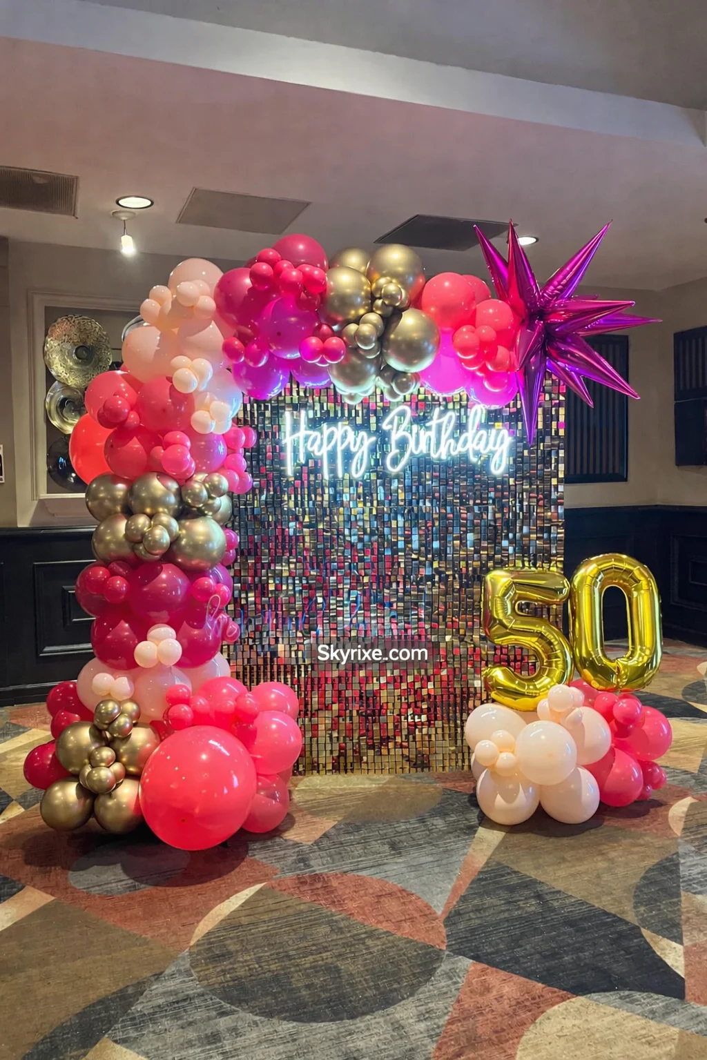 Gold 50th Birthday Sequin Backdrop with Balloon Arch